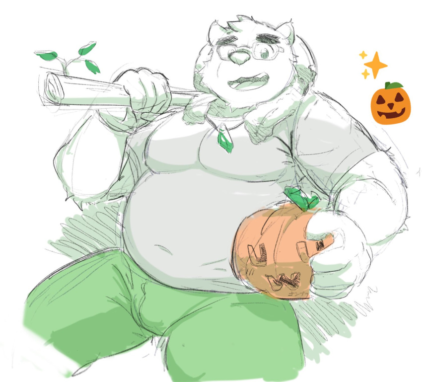 2019 anthro belly bottomwear clothing food fruit halloween hi_res holidays humanoid_hands jack-o'-lantern male mammal numpia overweight overweight_male pants plant pumpkin shirt solo strawhat tokyo_afterschool_summoners topwear towel ursid video_games volos