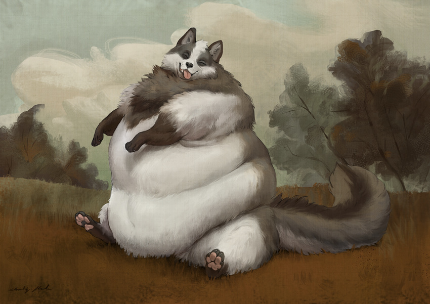 2019 ambiguous_gender anthro belly big_belly biped black_nose canid canine chubby-shark cloud detailed_background digital_media_(artwork) eyes_closed fur mammal nude obese open_mouth overweight overweight_ambiguous pawpads paws sitting sky smile solo teeth tongue tongue_out