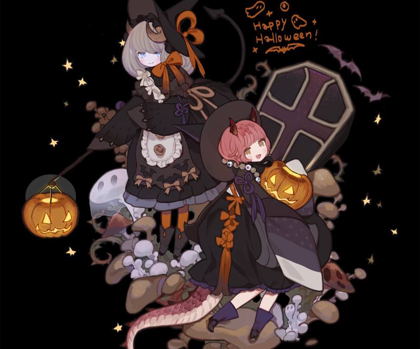 2girls apron aqua_eyes black bow brown_eyes cropped fang goth-loli gray_hair gwayo halloween hat horns japanese_clothes lolita_fashion original pink_hair pumpkin tail witch witch_hat