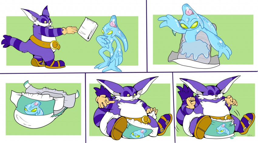 belt better_version_at_source big_the_cat brain chaos_(sonic) clothing deity diaper diaper_transformation domestic_cat dressing felid feline felis footwear fur gloves handwear humiliation infantilism male mammal overweight overweight_male perfectly.patches purple_body purple_fur sandals sitting sonic_(series) throwing transformation water white_body white_fur