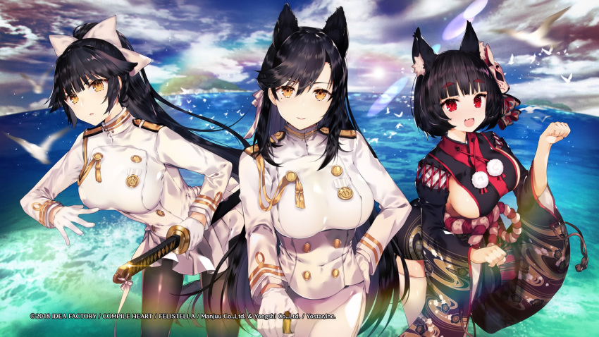 animal animal_ears anthropomorphism atago_(azur_lane) azur_lane bird black_hair breasts catgirl clouds compile_heart foxgirl gloves japanese_clothes katana long_hair no_bra pantyhose ponytail red_eyes short_hair sideboob sword tagme_(artist) takao_(azur_lane) uniform water weapon yamashiro_(azur_lane) yellow_eyes