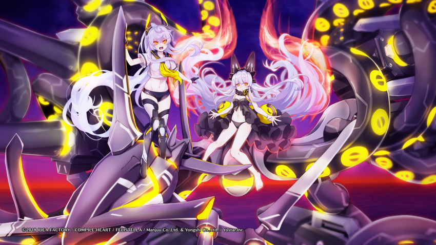 2girls animal_ears azur_lane boots compile_heart dress gray_hair long_hair observer_alpha_(azur_lane) panties ponytail shorts siren_(azur_lane) siren_purifier_(azur_lane) tagme_(artist) tentacles underwear water weapon yellow_eyes