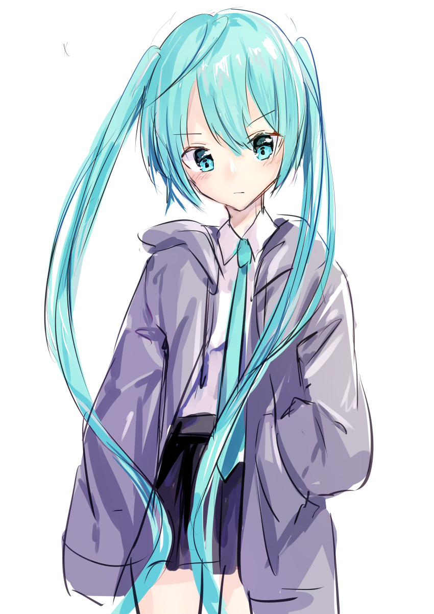 1girl absurdres alternate_costume aqua_eyes aqua_hair aqua_neckwear commentary cowboy_shot doodle expressionless hand_in_pocket hatsune_miku highres hood hooded_jacket jacket light_blush long_hair looking_down mokyumokyu3939 necktie shirt simple_background sketch skirt sleeves_past_fingers sleeves_past_wrists solo standing twintails very_long_hair vocaloid white_background white_shirt