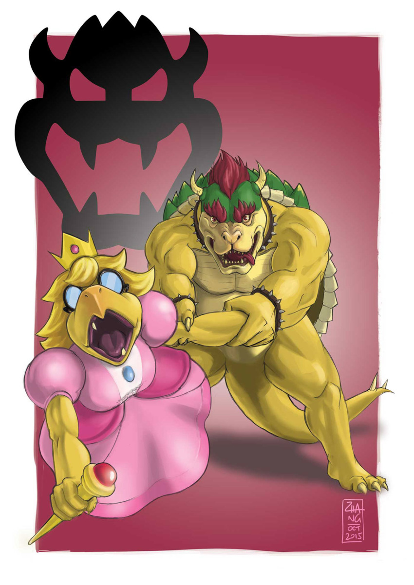 2015 arm_grab bowser clothed clothing crossdressing crown dress duo eyewear glasses hi_res imminent_rape kamek koopa magikoopa mario_bros michael_zhang nintendo scalie tongue tongue_out video_games wand wig