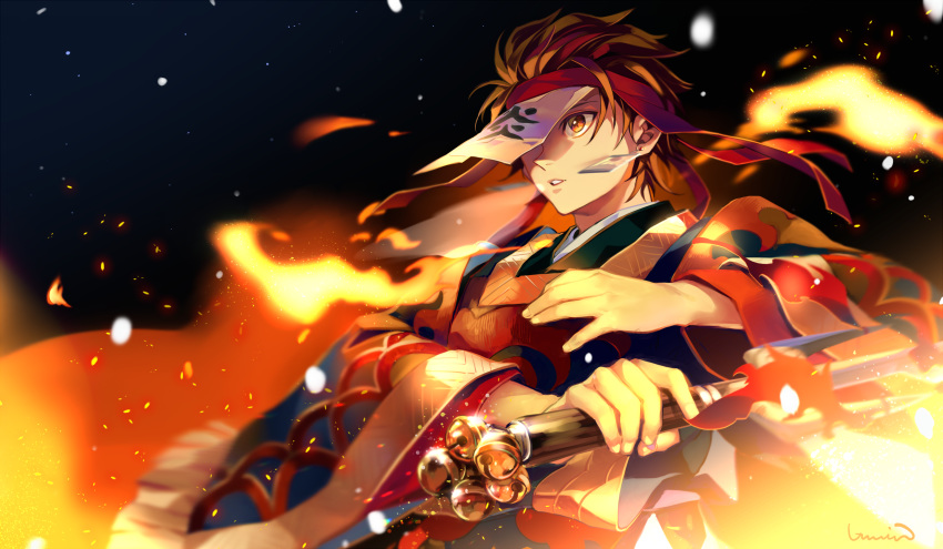 1boy alternate_costume bell brown_hair cowboy_shot earrings fire hair_slicked_back hanafuda headband highres japanese_clothes jewelry kamado_tanjirou kimetsu_no_yaiba night one_eye_covered orange_eyes outdoors sai_(weapon) short_hair signature snow solo u-min wide_sleeves