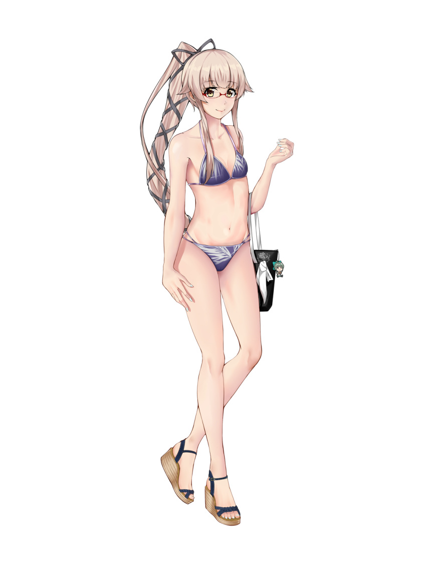 1girl bag bespectacled bikini blue_ray breasts brown_eyes collarbone full_body glasses grey_bikini hair_flaps hair_ribbon highres kantai_collection long_hair nail_polish navel open_toe_shoes pink_hair ponytail red-framed_eyewear ribbon small_breasts smile solo swimsuit toenail_polish transparent_background very_long_hair wedge_heels yura_(kantai_collection)