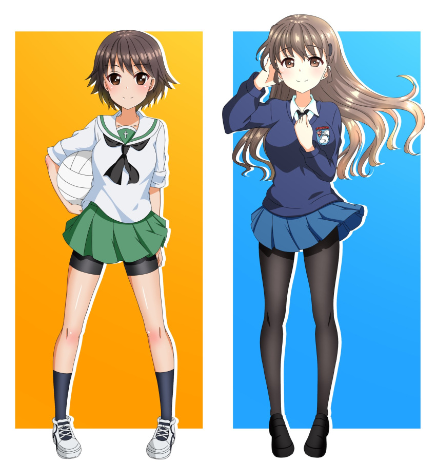2girls alternate_hairstyle arm_behind_back ball bangs black_footwear black_legwear black_neckwear blouse blue_background blue_skirt blue_sweater blush braid brown_eyes brown_hair closed_mouth commentary dress_shirt emblem eyebrows_visible_through_hair girls_und_panzer green_skirt hair_ornament hair_over_shoulder hairclip hand_in_hair hand_on_own_chest highres holding holding_ball isobe_noriko loafers long_hair long_sleeves looking_at_viewer miniskirt multiple_girls neckerchief necktie ooarai_school_uniform outside_border pantyhose pleated_skirt rukuriri school_uniform serafuku shirt shoes short_hair shorts shorts_under_skirt silhouette single_braid skirt sleeves_rolled_up smile sneakers socks st._gloriana's_(emblem) st._gloriana's_school_uniform standing sweater tanutika v-neck volleyball white_blouse white_footwear white_shirt wind wing_collar yellow_background