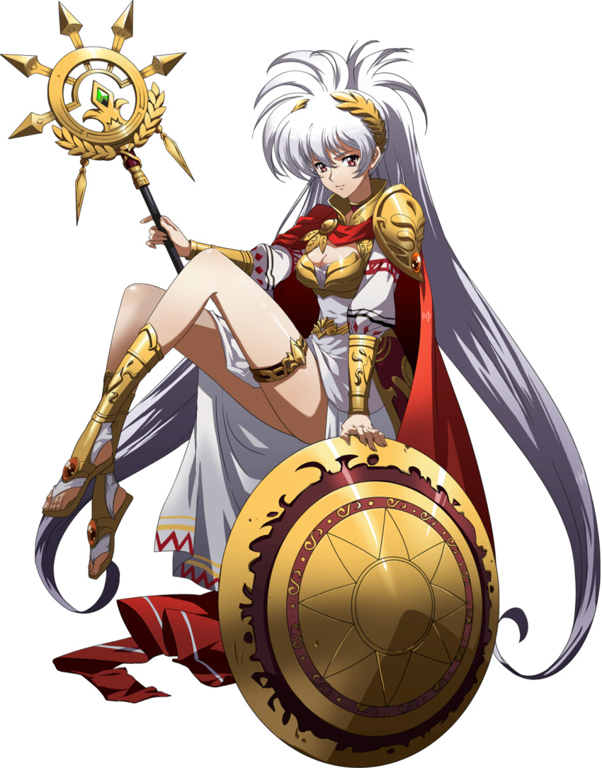 1girl armor bangs bare_legs breasts cape cleavage closed_mouth dress floating_hair full_body greece hair_between_eyes hair_ornament highres holding holding_staff langrisser langrisser_iii long_dress long_hair luna_(langrisser) medium_breasts official_art red_cape red_eyes sandals shield shiny shiny_skin shoulder_armor side_slit silver_hair smile solo staff standing thighlet toeless_legwear transparent_background twintails very_long_hair white_dress