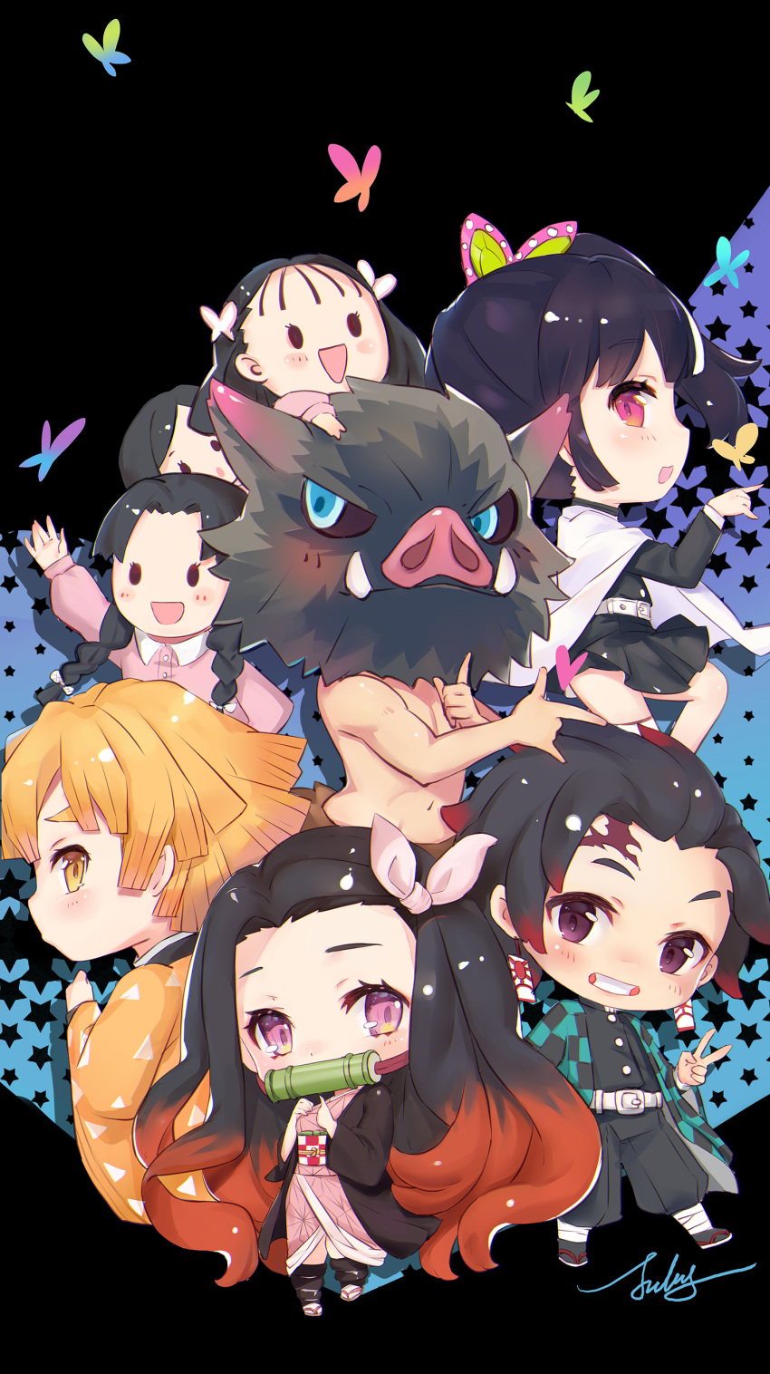 3boys 5girls :d \m/ absurdres agatsuma_zenitsu bamboo bangs bare_back belt belt_buckle bit_gag black_hair black_jacket black_legwear black_pants black_skirt blonde_hair blue_eyes blush blush_stickers boar_mask braid brown_footwear brown_hair buckle bug butterfly butterfly_hair_ornament cape checkered chibi collared_shirt commentary_request dress_shirt earrings eyebrows_behind_hair facial_scar forehead forehead_scar gag gradient_hair grin hair_ornament hair_ribbon hashibira_inosuke heart highres insect jacket japanese_clothes jewelry jiujiuyatou_(yayanzz) kamado_nezuko kamado_tanjirou kimetsu_no_yaiba kimono long_hair long_sleeves mouth_hold multicolored_hair multiple_boys multiple_girls nakahara_sumi navel obi open_clothes open_mouth pants parted_bangs parted_lips pig_mask pink_eyes pink_kimono pink_ribbon pink_shirt pleated_skirt profile puffy_long_sleeves puffy_pants puffy_sleeves purple_eyes ribbon sash scar shirt side_ponytail skirt sleeves_past_wrists smile socks solid_oval_eyes star starry_background takada_naho terauchi_kiyo thick_eyebrows tsuyuri_kanao twin_braids twintails very_long_hair white_belt white_cape white_footwear white_legwear wide_sleeves yellow_eyes