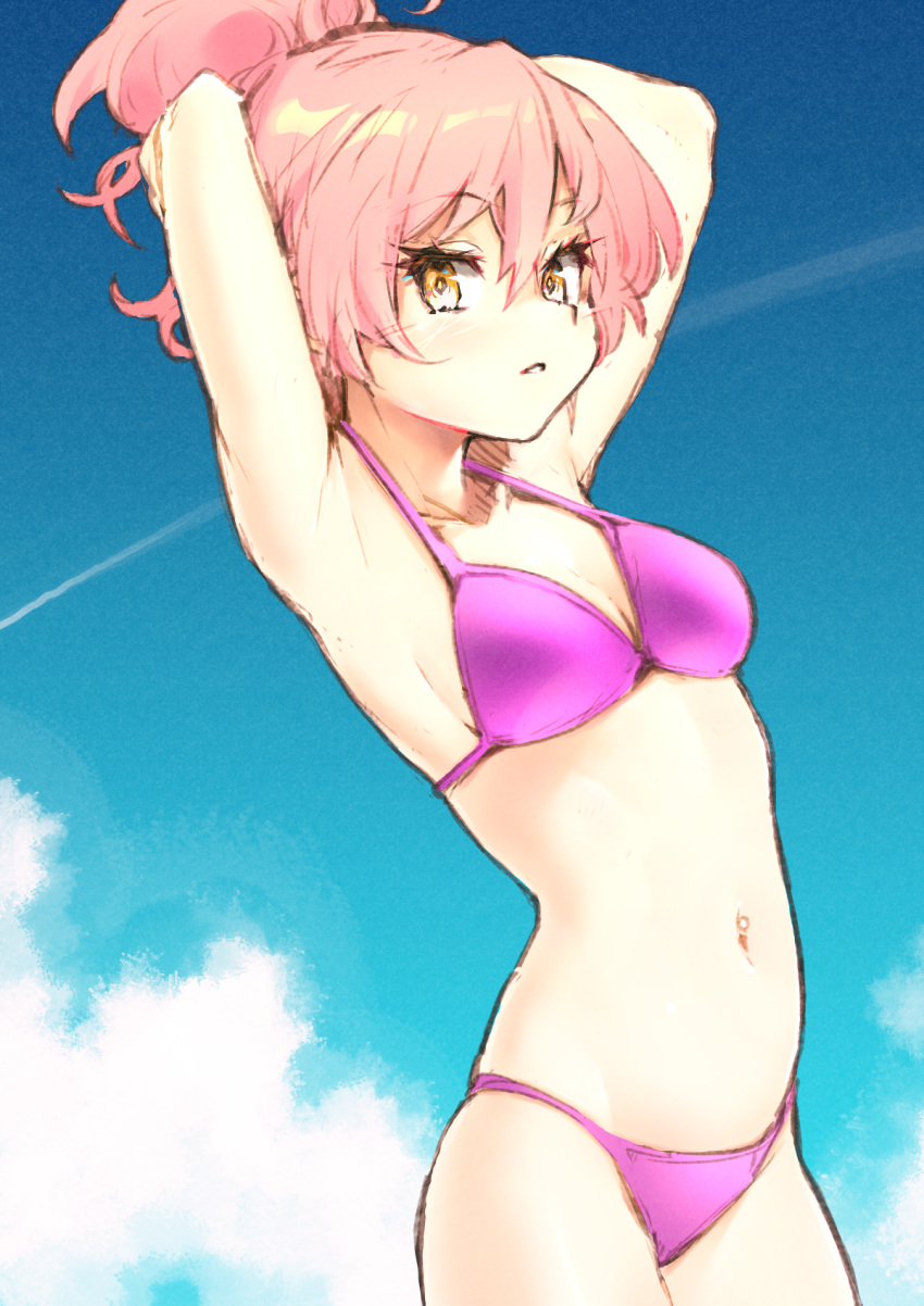 1girl armpits arms_up bikini blue_sky breasts cloud commentary_request condensation_trail cowboy_shot day highres holding holding_hair idolmaster idolmaster_cinderella_girls jougasaki_mika long_hair medium_breasts navel outdoors pink_bikini pink_hair ponytail sky solo sumi_(oyasumie) swimsuit yellow_eyes