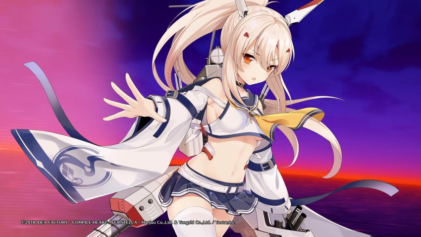 anthropomorphism ayanami_(azur_lane) azur_lane compile_heart no_bra orange_eyes panties ponytail sword tagme_(artist) thighhighs underboob underwear water weapon white_hair