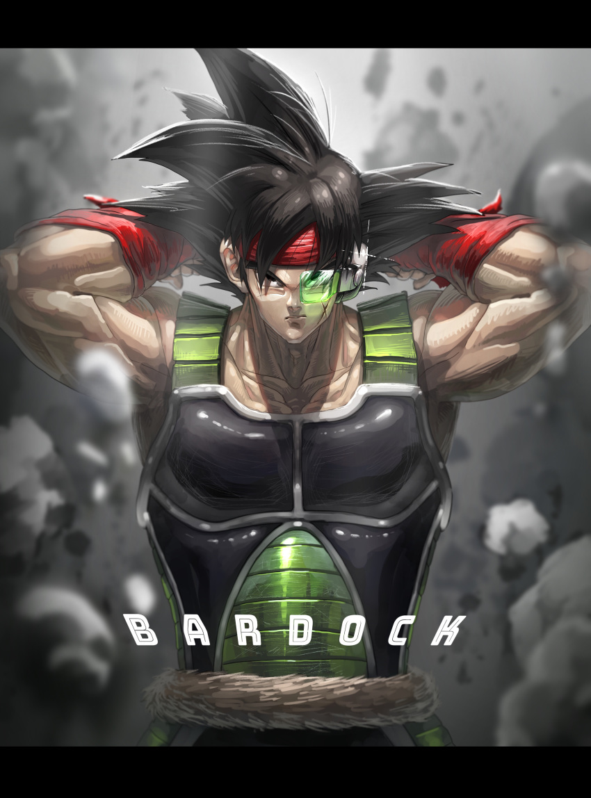 1boy absurdres adjusting_clothes adjusting_headwear armor arms_up backlighting bandana bardock black_eyes black_hair blurry blurry_background character_name collarbone commentary_request dragon_ball dragon_ball_z expressionless floating_rock frown glowing grey_background haru8699 highres letterboxed looking_at_viewer male_focus monkey_tail muscle pectorals red_bandana scouter serious simple_background spiked_hair standing tail upper_body wristband