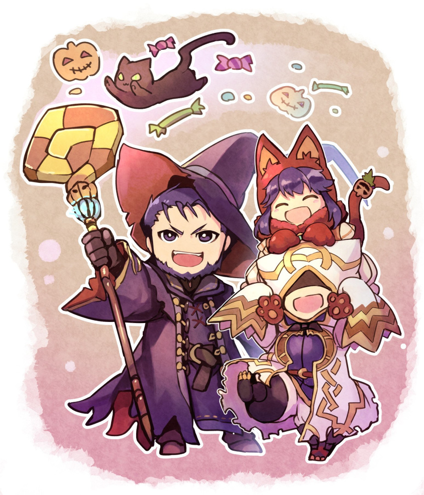 1boy 1girl 1other animal_ears beard belt black_gloves blue_eyes blue_hair candy cat cat_ears cat_tail closed_eyes facial_hair father_and_daughter fire_emblem fire_emblem:_the_binding_blade fire_emblem:_the_blazing_blade fire_emblem_heroes food gloves hat hector_(fire_emblem) highres holding holding_staff hood hood_up kiran_(fire_emblem) lilina_(fire_emblem) long_sleeves nakabayashi_zun open_mouth short_hair staff tail witch_hat