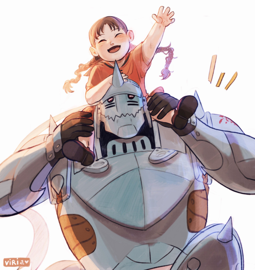 +++ 1boy 1girl :d ^_^ alphonse_elric arm_up armor artist_name backlighting black_gloves blush braid brown_footwear brown_hair carrying closed_eyes commentary english_commentary fingernails flamel_symbol floating_hair fullmetal_alchemist gloves hand_on_another's_head hand_on_another's_leg happy helmet highres hopping nina_tucker open_mouth playing red_shirt shirt short_sleeves shoulder_carry simple_background smile tongue twin_braids viktoria_ridzel white_background