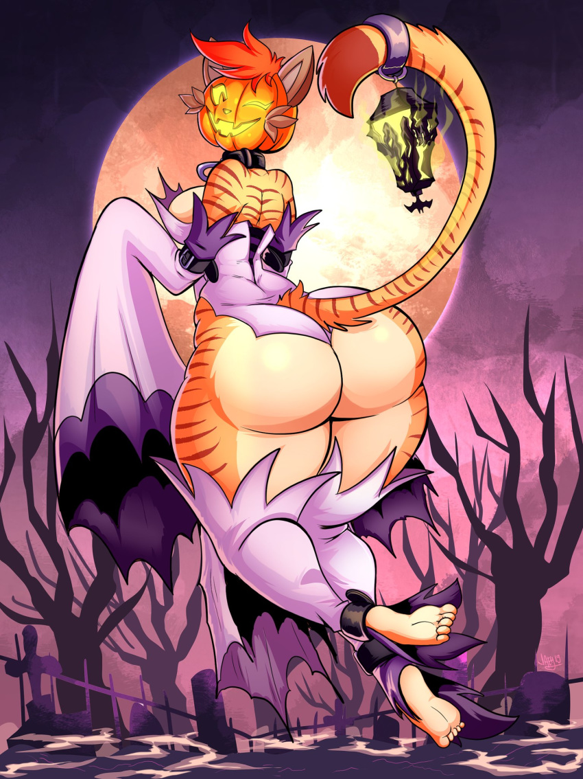 2019 absurd_res anthro big_breasts big_butt breasts butt clothed clothing digital_media_(artwork) felid female food fruit fur hair halloween hi_res holidays jack-o'-lantern jaeh looking_at_viewer mammal pantherine plant pumpkin smile solo thick_thighs tiger wide_hips