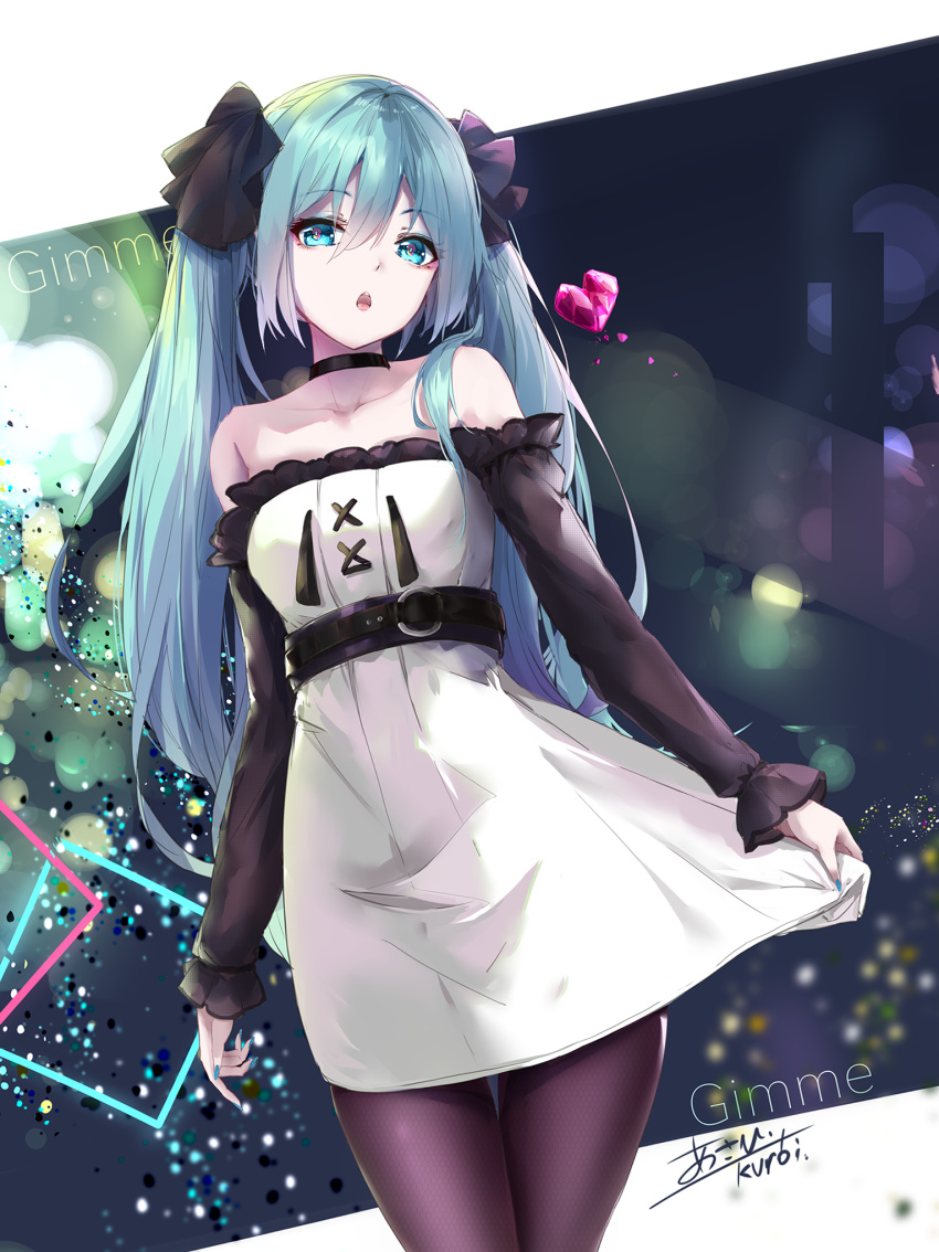 1girl aqua_eyes aqua_hair aqua_nails bare_shoulders black_sleeves blurry bokeh collar collarbone cowboy_shot depth_of_field detached_sleeves dress dutch_angle eyeshadow frilled_dress frilled_sleeves frills gimmexgimme_(vocaloid) hair_ribbon hatsune_miku head_tilt heart highres k.syo.e+ long_hair makeup nail_polish neon_lights pantyhose parted_lips ribbon signature skirt_hold square standing twintails very_long_hair vocaloid white_dress