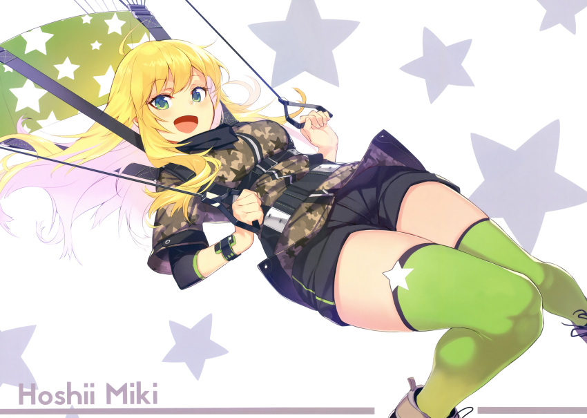 1girl :d ahoge bandana blonde_hair breasts camouflage character_name eyebrows_visible_through_hair green_eyes green_legwear harness highres hoshii_miki idolmaster idolmaster_(classic) knees_together_feet_apart long_hair looking_at_viewer medium_breasts open_mouth parachute satori0121 scan short_shorts shorts sidelocks simple_background smile solo stitched thighhighs third-party_edit wristband