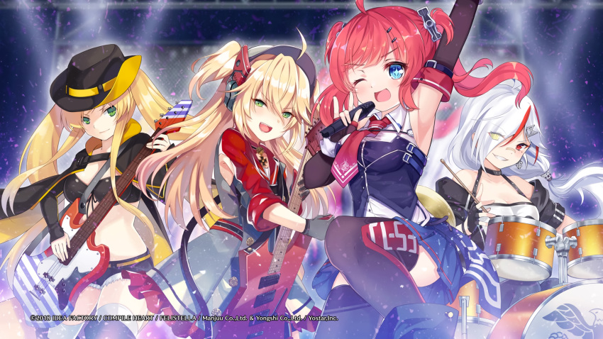 admiral_hipper_(azur_lane) anthropomorphism aqua_eyes azur_lane bandaid bicolored_eyes blonde_hair boots cape choker compile_heart downes_(azur_lane) dress drums elbow_gloves gloves green_eyes group guitar hat hornet_(azur_lane) instrument long_hair microphone ponytail red_hair san_diego_(azur_lane) shorts skirt tagme_(artist) thighhighs tie twintails uniform white_hair wink zettai_ryouiki