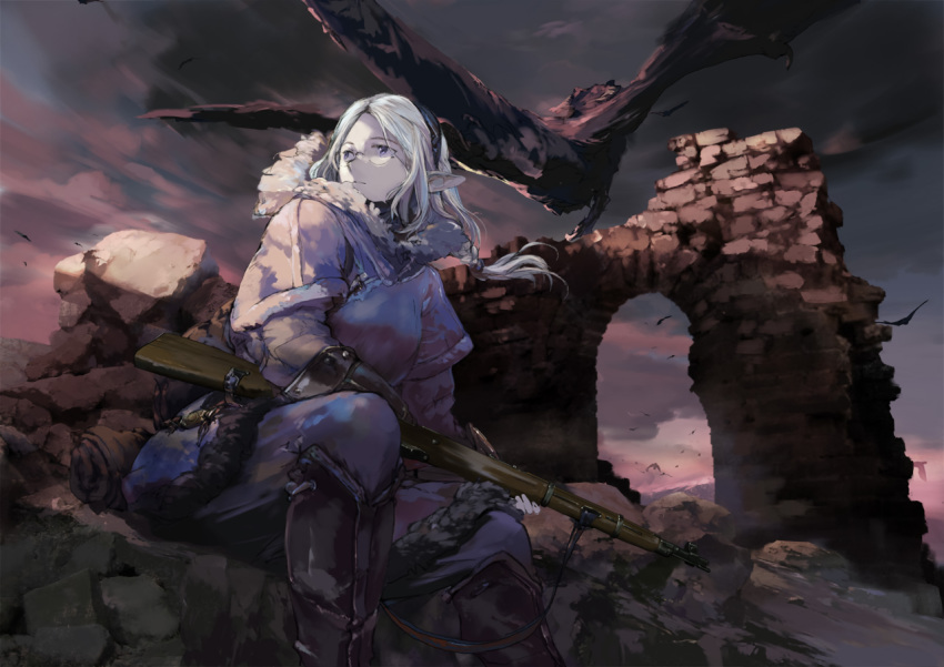 clouds dragon glasses gloves gun long_hair original pointed_ears purple_eyes sky takeshima_satoshi weapon white_hair