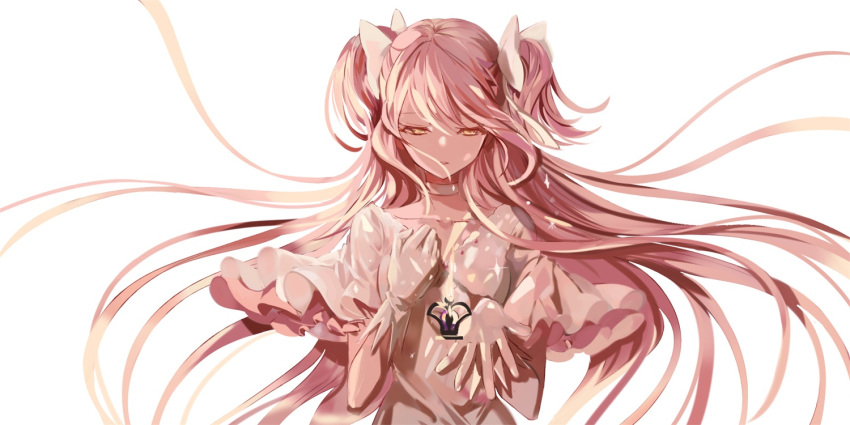 1girl absurdly_long_hair breasts choker clenched_hand collarbone dark_orb_(madoka_magica) dress expressionless eyebrows_visible_through_hair floating_hair frilled_sleeves frills gloves glowing hair_between_eyes hair_ribbon half-closed_eyes hand_on_own_chest hand_up kaname_madoka long_hair looking_down mahou_shoujo_madoka_magica mahou_shoujo_madoka_magica_movie palms parted_lips pink_hair pink_theme ribbon sidelocks simple_background small_breasts solo sparkle spoilers straight_hair two_side_up ultimate_madoka upper_body very_long_hair white_background white_choker white_dress white_gloves white_ribbon wide_sleeves wttwj yellow_eyes