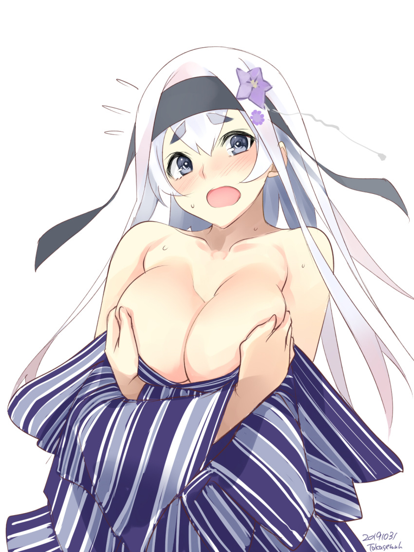 1girl alternate_costume blue_eyes blush breasts eyebrows_visible_through_hair flower hair_between_eyes hair_flower hair_ornament headband highres japanese_clothes kamoi_(kantai_collection) kantai_collection kimono large_breasts long_hair looking_at_viewer open_mouth sidelocks simple_background solo takase_muu thick_eyebrows twitter_username white_background white_hair yukata