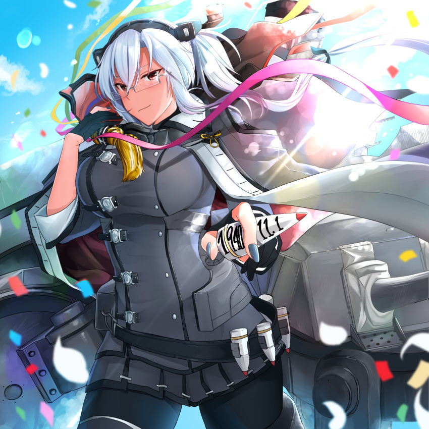 1girl black_legwear blue_sky blush breasts cannon cape cartridge cloud confetti dark_skin day double-breasted floating_hair glasses glint gloves grey_cape grey_jacket grey_nails hair_ribbon headgear highres holding jacket kantai_collection large_breasts light_particles long_hair machinery miniskirt musashi_(kantai_collection) outdoors partly_fingerless_gloves red_eyes remodel_(kantai_collection) ribbon rigging shell_casing skirt sky sleeve_cuffs smokestack standing turret twintails wind yunamaro