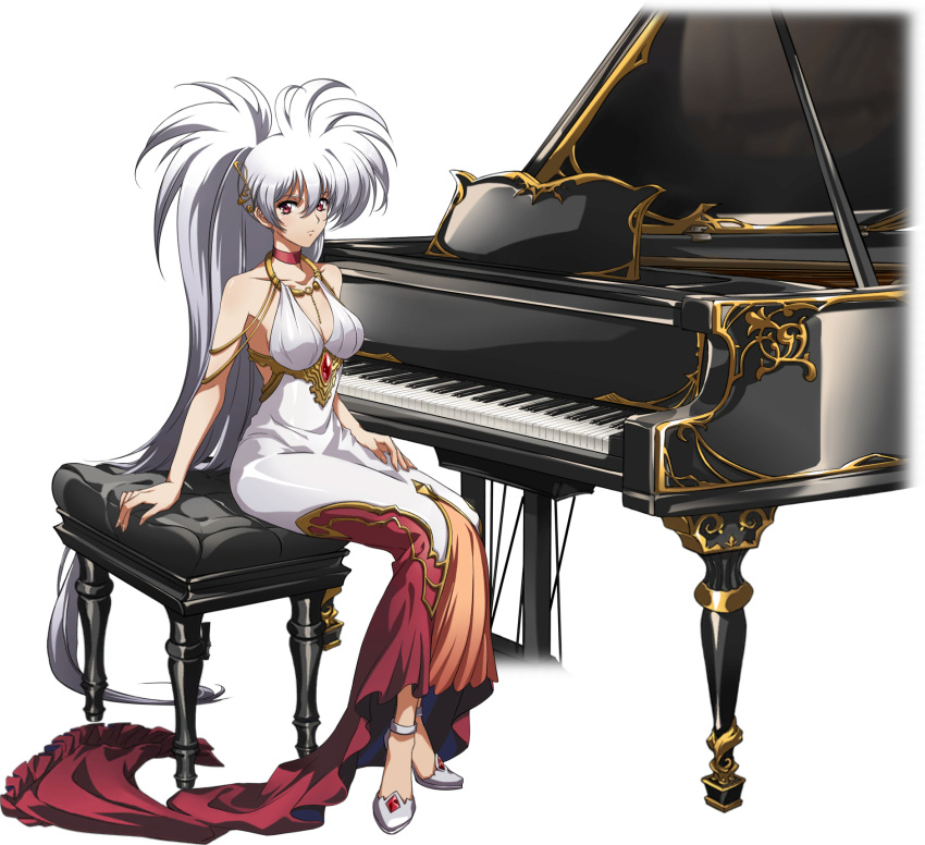 1girl bangs breasts choker cleavage closed_mouth collarbone dress full_body hair_between_eyes hair_ornament high_ponytail highres instrument langrisser langrisser_iii large_breasts long_hair looking_at_viewer luna_(langrisser) musical_note_hair_ornament official_art piano red_choker red_eyes sideboob silver_hair sitting sleeveless sleeveless_dress solo transparent_background very_long_hair white_dress white_footwear