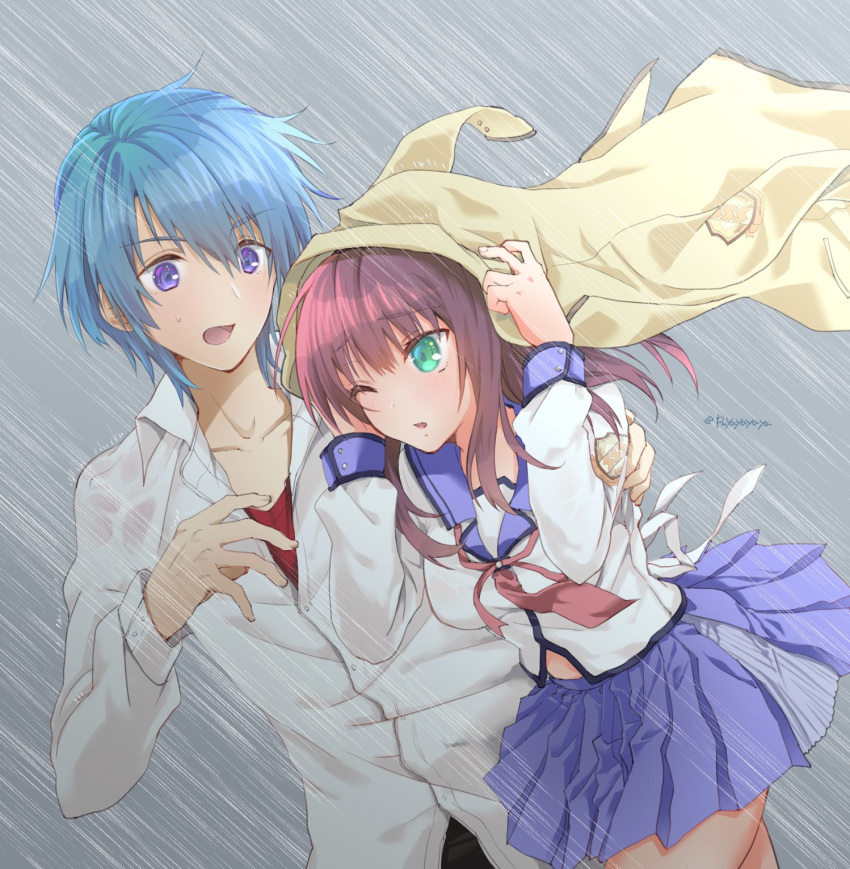 1boy 1girl angel_beats! blue_hair blue_sailor_collar blue_skirt breasts commentary_request cowboy_shot dress_shirt green_eyes highres hinata_(angel_beats!) medium_breasts medium_hair neck_ribbon one_eye_closed pink_neckwear purple_eyes purple_hair puya rain red_shirt ribbon sailor_collar shinda_sekai_sensen_uniform shirt skirt twitter_username white_shirt yuri_(angel_beats!)