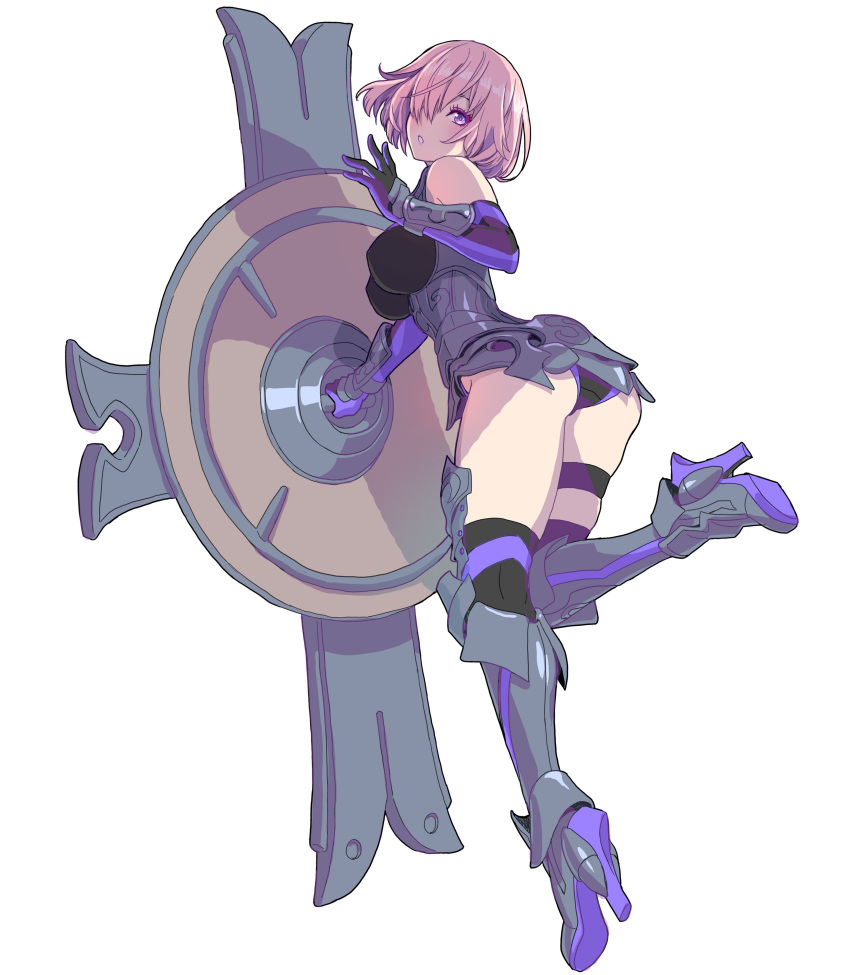 1girl absurdres armor armored_boots armored_dress boots fate/grand_order fate_(series) hair_over_one_eye head_tilt highres leg_lift looking_back mash_kyrielight pink_eyes pink_hair shield short_hair simple_background solo thigh_boots thighhighs white_background yamashita_shun'ya