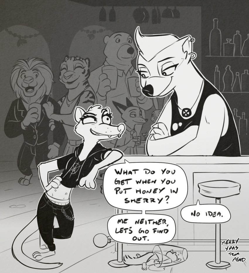 ambiguous_gender badger bottomwear canid canine clothed clothing crossed_arms dialogue disney dress english_text fangs felid fox fully_clothed greyscale grin group hi_res honey_(zootopia) honey_badger jewelry judy_hopps lagomorph leporid lion looking_at_another mammal monochrome mustela mustelid musteline necklace nick_wilde pantherine pants rabbit red_fox rockbottomfeeder shirt smile speech_bubble suit tank_top teeth text tiger topwear ursid zootopia