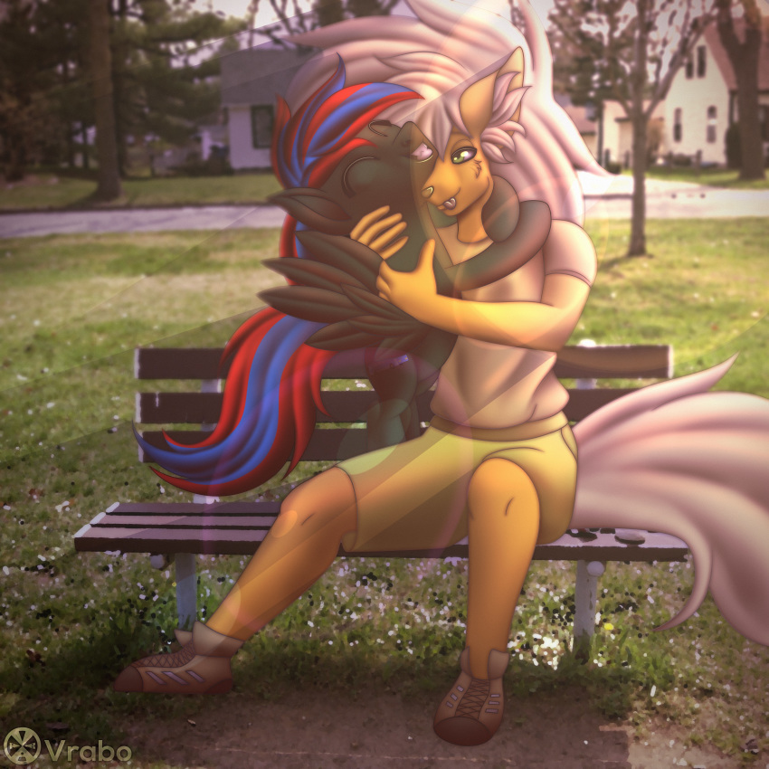 1:1 absurd_res anthro bottomwear clothing duo equid equine feral fluffy fluffy_hair footwear green_eyes hair hi_res horse hug male mammal my_little_pony outside pants pony shirt shoes sitting smile tongue topwear vrabo white_hair wings