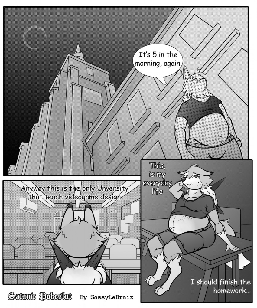 ambiguous_gender belly big_belly building canid canine classroom comic english_text hi_res lycanroc mammal midday_lycanroc monochrome nintendo overweight pok&eacute;mon pok&eacute;mon_(species) sassylebraix school text video_games