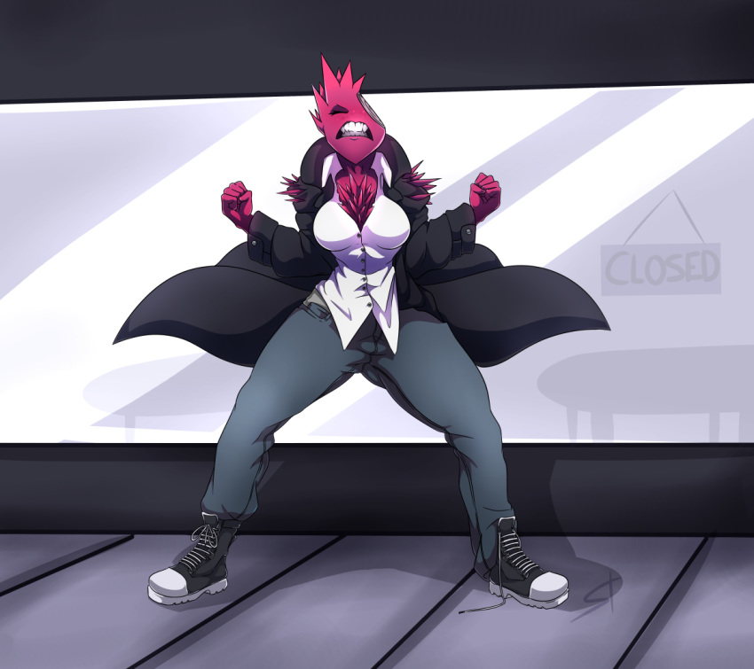 2019 angry big_breasts bottomwear breasts clothed clothing day digital_media_(artwork) female footwear humanoid jacket jeans not_furry outside pants ru_bellite_(character) shirt simple_background solo spikes standing standing_tough teeth topwear wide_hips