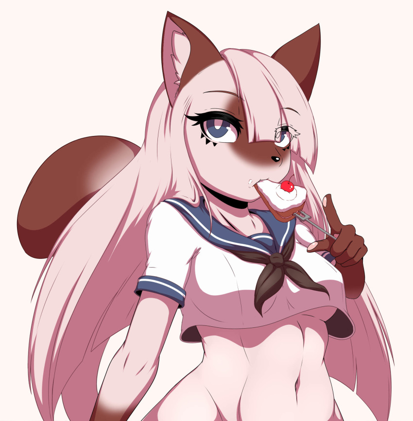 2018 5_fingers anthro bangs black_nose blue_eyes breasts cake clothing deep_navel digital_media_(artwork) domestic_cat eyelashes felid feline felis female fingers food fur hair hi_res long_hair mammal navel siamese solo tailzkim uniform white_pupils