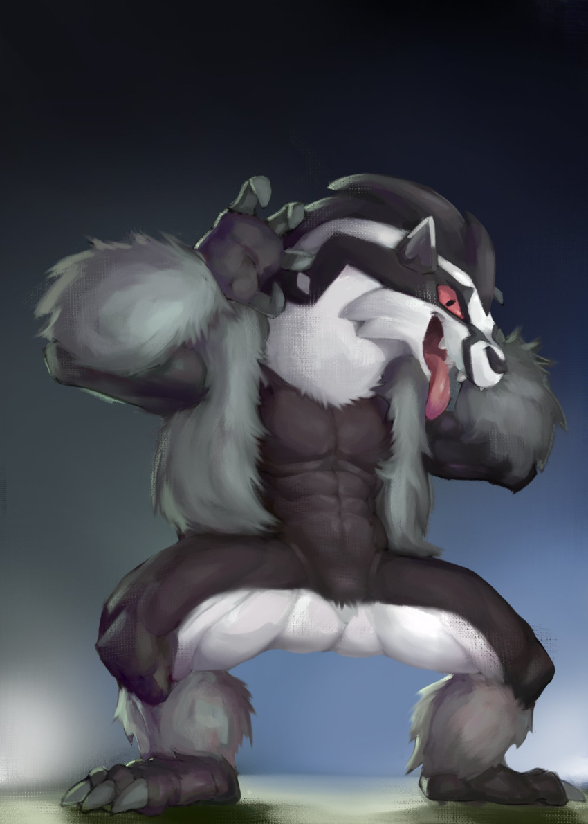 2019 abs ambiguous_gender anthro barefoot biped black_body black_fur bodily_fluids claws fangs featureless_crotch fur grey_body grey_fur hi_res long_tongue mammal mustelid nintendo nude obstagoon open_mouth pecs pok&eacute;mon pok&eacute;mon_(species) red_eyes red_tongue saliva seyrmo sharp-claws sharp_teeth smile solo spread_legs spreading standing teeth thick_thighs toe_claws tongue tongue_out video_games white_body white_fur