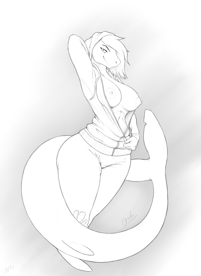 2019 anthro big_breasts bottomwear breasts clothing digital_media_(artwork) female fish free_art hair hi_res hoodie jakethegoat jeans looking_at_viewer marine nipples pants pussy shark simple_background sketch smile smirk solo thick_thighs topwear undressing