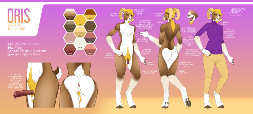 2019 5_fingers absurd_res amber_eyes animal_genitalia animal_penis anthro anus areola arm_tuft balls beard big_butt bighorn_sheep biped bisexual_pride_colors blonde_hair body_hair bottomwear bovid bracelet brown_body brown_fur brown_hooves brown_nose brown_penis butt butt_heart caprine cheek_tuft chest_tuft clothed clothing digital_drawing_(artwork) digital_media_(artwork) digitigrade ear_piercing elbow_tufts english_text equine_penis erection eyebrows eyelashes eyewear face_tuft facial_hair fingers flaccid fluffy fully_clothed fur genital_piercing girly goatee hair happy_trail hi_res hooved_fingers hooves horn humanoid_hands jeans jewelry leg_tuft lgbt_pride looking_at_viewer m_artifex male mammal medial_ring model_sheet multicolored_body multicolored_fur multicolored_tail navel nipples nude open_mouth open_smile oris pants penis penis_piercing perineum piercing pink_anus pink_areola pink_nipples pink_tongue pride_colors prince_albert_piercing pubes purple_clothing purple_topwear sheep short_hair shoulder_tuft simple_background smile solo standing sweater tan_bottomwear tan_clothing tan_horn teeth text tongue topwear tuft turtleneck two_tone_body two_tone_fur vein veiny_penis white_balls white_belly white_body white_fur white_tail yellow_pubes