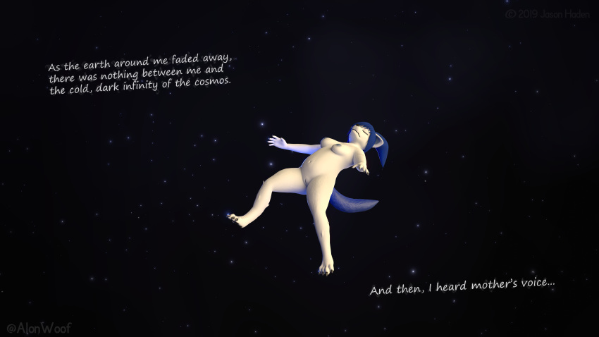 2019 3d_(artwork) absurd_res alon alonwoof anthro bare_sands barefoot biped blue_hair breasts canid canine canis casual_nudity digital_media_(artwork) dream english_text eyes_closed female floating fluffy fluffy_tail fur hair hi_res mammal nipples nude pussy simple_background sleeping slightly_chubby solo space star text video_games white_body white_fur wolf