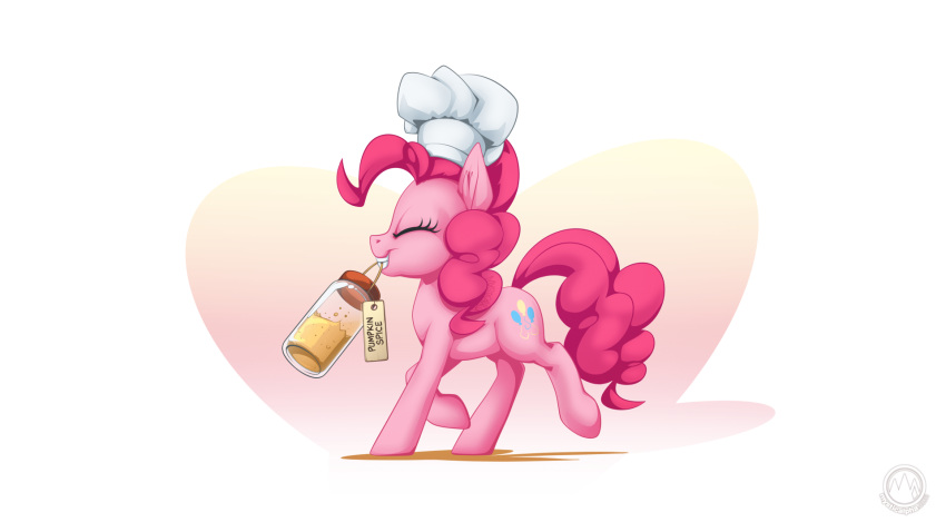 16:9 2019 chef_hat clothing cutie_mark digital_media_(artwork) equid equine eyes_closed female feral friendship_is_magic hair hat headgear headwear hi_res holding_object jar mammal my_little_pony mysticalpha pink_hair pinkie_pie_(mlp) simple_background smile solo standing walking