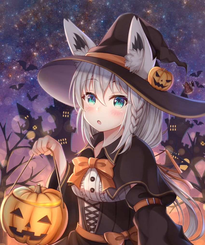1girl absurdres animal_ear_fluff animal_ears bangs bare_tree black_capelet black_headwear blush bow braid breasts capelet castle center_frills commentary_request ears_through_headwear eyebrows_visible_through_hair fox_ears frills green_eyes hair_between_eyes halloween hand_up hat highres holding hololive huge_filesize jack-o'-lantern long_hair long_sleeves looking_at_viewer medium_breasts namekuji_ojiichan night night_sky orange_bow oruyanke_(fubuki_channel) outdoors parted_lips shirakami_fubuki shirt side_braid silver_hair single_braid sky solo star_(sky) starry_sky tree upper_body virtual_youtuber white_shirt wide_sleeves witch_hat