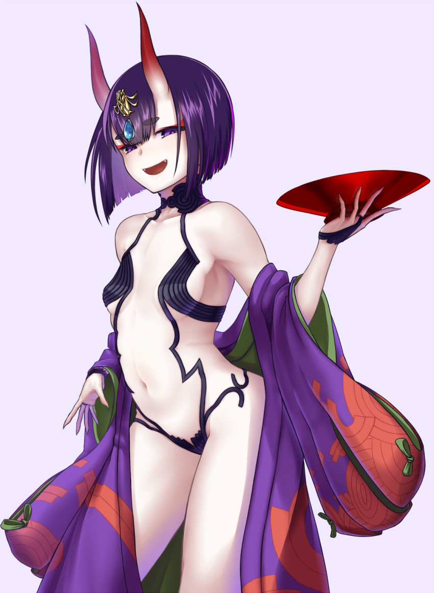 1girl bangs bare_shoulders blush bob_cut breasts bridal_gauntlets collarbone cup eyeliner fangs fate/grand_order fate_(series) haiiro_gundan headpiece highres horns japanese_clothes kimono long_sleeves looking_at_viewer makeup off_shoulder oni oni_horns open_clothes open_kimono open_mouth purple_eyes purple_hair purple_kimono revealing_clothes sakazuki short_eyebrows short_hair shuten_douji_(fate/grand_order) simple_background small_breasts smile solo thighs white_background wide_sleeves