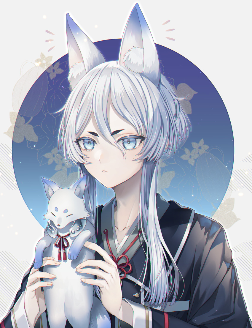 1boy :&lt; abandon_ranka animal animal_ears blue_eyes fox fox_ears hakusan_yoshimitsu hakusan_yoshimitsu's_fox highres holding holding_animal kemonomimi_mode male_focus short_hair_with_long_locks touken_ranbu upper_body white_hair