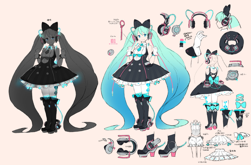 absurdly_long_hair absurdres aqua_bow aqua_hair aqua_neckwear argyle argyle_legwear bare_back bare_shoulders black_skirt bloomers boots bow bowtie cable character_sheet commentary facing_viewer framed_breasts frilled_skirt frills from_behind gloves gradient_hair hair_ornament hands_up hatsune_miku headphones highres hoop_skirt knee_boots lena_(zoal) long_hair magical_mirai_(vocaloid) multicolored_hair necktie neon_lights official_art short_necktie skirt smile thighhighs twintails underwear very_long_hair vocaloid white_bloomers white_gloves white_legwear