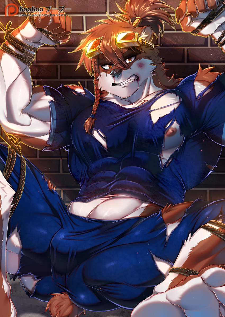 2019 5_fingers abs absurd_res anthro biceps blood bodily_fluids booboo34 bound braided_hair brick_wall brown_eyes bruised bulge butt canid canine canis cartuja claws clenched_teeth clothing countershade_arms countershade_face countershade_torso countershading deep_navel detailed_background epic7 eyebrows eyewear feet fingers goggles hair hi_res kemono looking_at_viewer male mammal muscular muscular_male navel nipples orange_eyes patreon pecs ponytail rope rope_bondage scar sneer soles solo teeth text thick_thighs toe_claws toes torn_clothing url white_countershading