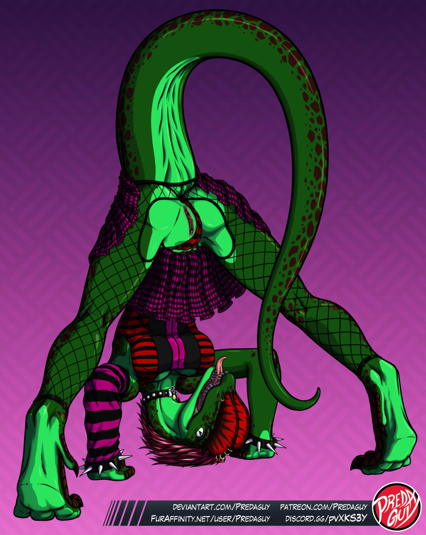 anthro anthrosaurs bent_over breasts butt choker clothing clothing_aside dilophosaurid dilophosaurus dinosaur female fishnet flexible goth hi_res ingrid_the_dilophosaur jewelry looking_at_viewer necklace open_mouth panties panties_aside predaguy punk pussy reptile scalie solo spikes theropod tongue tongue_out underwear underwear_aside upskirt