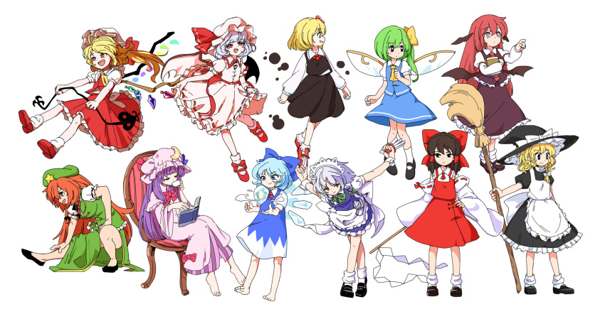 6+girls apron barefoot bat_wings between_fingers black_bow black_eyes black_footwear black_shirt black_skirt black_vest blonde_hair blue_bow blue_dress blue_eyes blue_hair blue_skirt blue_vest bobby_socks book bow braid broom brown_hair chair cirno closed_eyes crescent crystal cup daiyousei detached_sleeves dress drinking fang flandre_scarlet frog frozen_frog gohei green_dress green_hair green_headwear green_skirt hair_bow hair_tubes hair_wings hakurei_reimu hat hat_ribbon highres holding holding_book holding_broom holding_cup holding_knife hong_meiling ice ice_wings izayoi_sakuya kirisame_marisa knife koakuma laevatein long_hair long_sleeves maguro_(mawaru_sushi) maid maid_headdress mob_cap multiple_girls open_mouth patchouli_knowledge pink_dress pink_headwear pointing puffy_short_sleeves puffy_sleeves purple_dress purple_hair reading red_bow red_eyes red_footwear red_hair red_neckwear red_skirt red_vest remilia_scarlet ribbon rumia shide shirt shoe_bow shoes short_hair short_sleeves side_ponytail silver_hair simple_background sitting skirt smile socks stretch striped striped_dress the_embodiment_of_scarlet_devil touhou vest white_background white_legwear white_shirt wings witch_hat yellow_neckwear