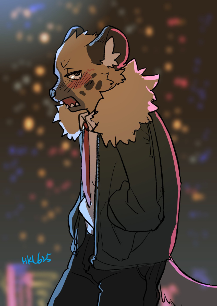 2019 aggressive_retsuko anthro black_nose blurred_background blush bottomwear brown_body brown_fur clothed clothing fangs fur haida half-closed_eyes hands_in_pocket hi_res hkl9917462 hyaenid jacket looking_aside male mammal necktie open_mouth pants portrait sanrio shirt signature solo spotted_hyena standing three-quarter_portrait topwear