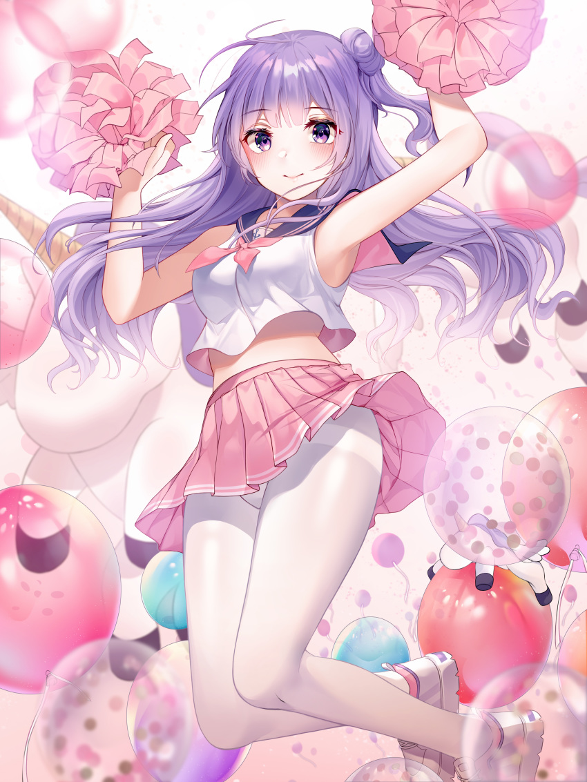 1girl absurdres armpits arms_up azur_lane balloon bare_arms bare_shoulders blurry breasts cheerleader closed_mouth crop_top crop_top_overhang floating_hair foka_(beginner) hair_bun highres holding_pom_poms long_hair looking_at_viewer medium_breasts midriff miniskirt neckerchief pantyhose pink_skirt pleated_skirt pom_poms purple_eyes purple_hair sailor_collar shirt shoes side_bun simple_background skirt sleeveless sleeveless_shirt smile sneakers solo stuffed_alicorn thighband_pantyhose unicorn_(azur_lane) white_background white_legwear white_shirt
