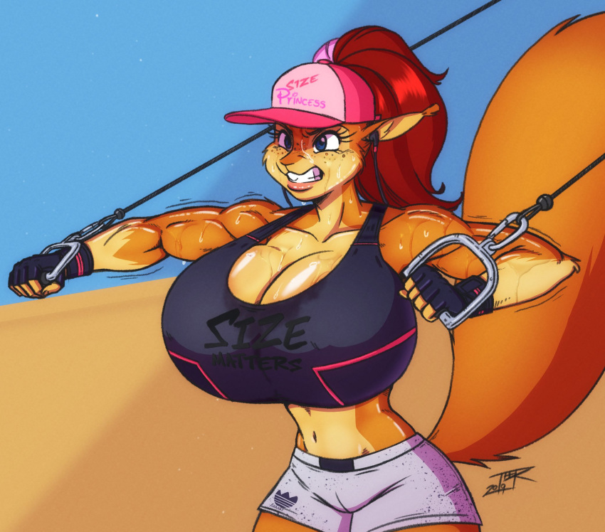 2019 anthro bared_teeth big_breasts blue_eyes bodily_fluids bottomwear bra breast_implants breasts buckteeth cleavage clothed clothing earbuds exercise female fingerless_gloves gloves hair handwear hat headgear headphones headwear hi_res huge_breasts lips mammal marika_(teer) muscular muscular_female navel red_hair rodent sciurid shorts simple_background solo sports_bra sweat teer teeth thick_thighs topwear tree_squirrel underwear workout