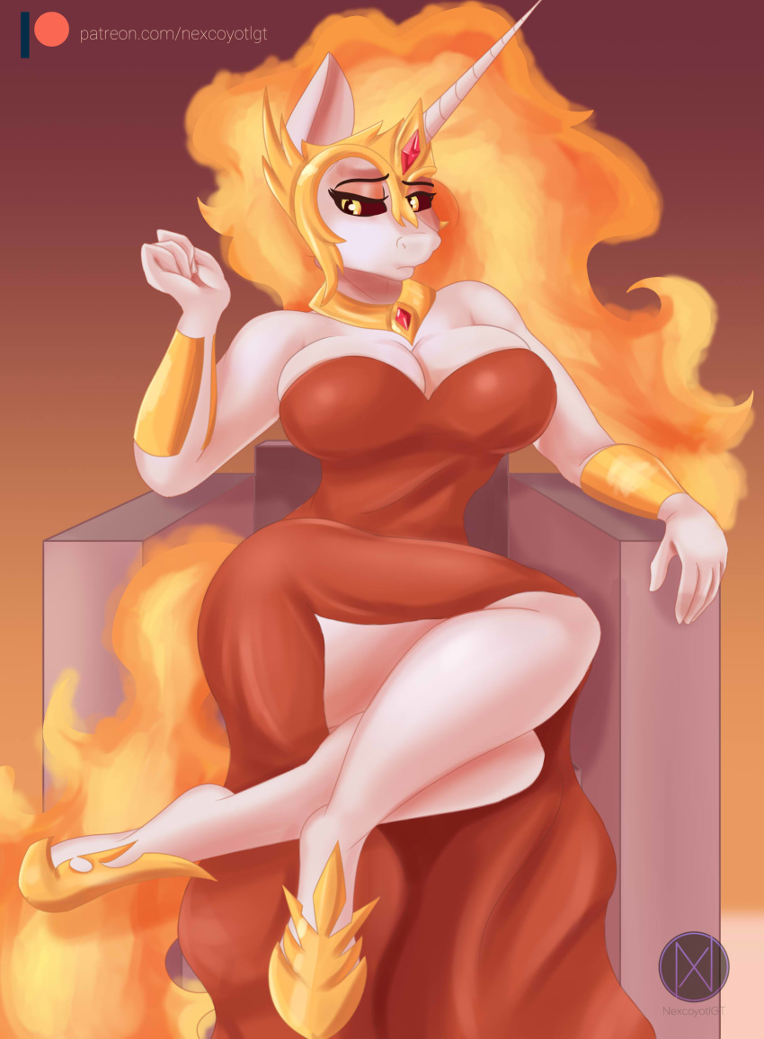 absurd_res anthro big_breasts breasts chair cleavage clothed clothing daybreaker_(mlp) dress equid female friendship_is_magic furniture hi_res horn mammal my_little_pony nexcoyotlgt throne unicorn